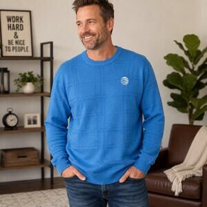 AT&T Employee Sweater Mens 2XL Blue Logo Textured Plaid Crewneck Corporate 2XL